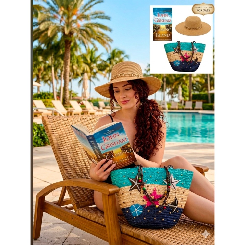 Beach Bundle Straw Tote Bag Packable Sun Hat & Camino Island by John Grisham